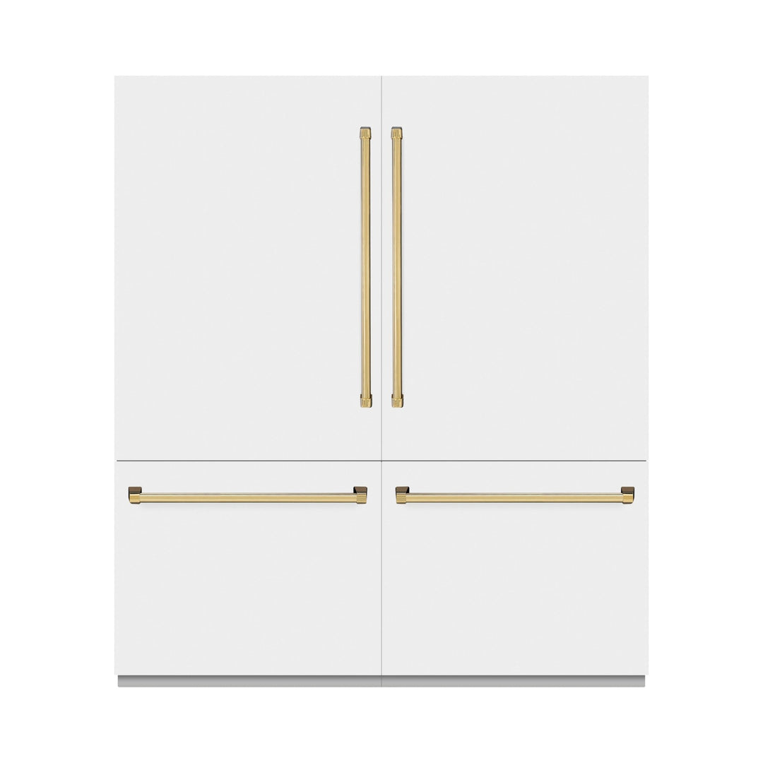 ZLINE Autograph Edition 72 in. 39.6 cu. ft. French Door Built-In Bottom Freezer Refrigerator with Water Dispensers and Ice Makers in White Matte and Polished Gold Accents (RBITZ-WM-72-G)