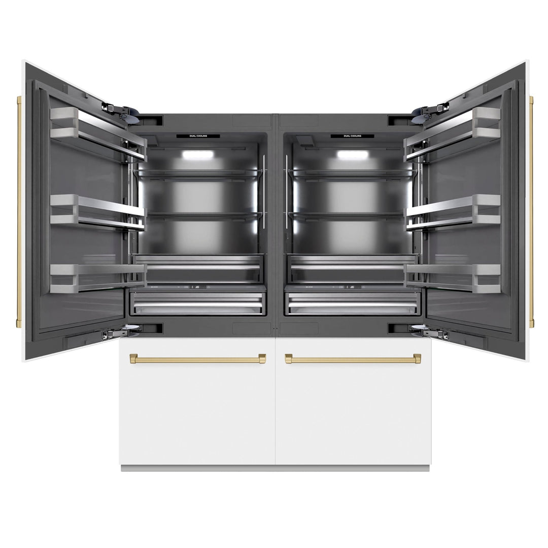 ZLINE Autograph Edition 72 in. 39.6 cu. ft. French Door Built-In Bottom Freezer Refrigerator with Water Dispensers and Ice Makers in White Matte with Graphite Gray Interior and Champagne Bronze Accents (GRBITZ-WM-72-CB)