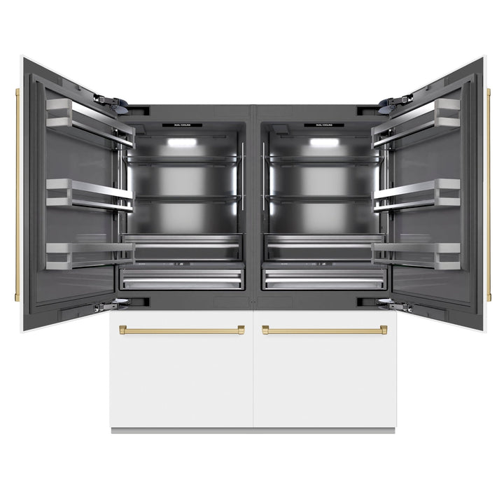 ZLINE Autograph Edition 72 in. 39.6 cu. ft. French Door Built-In Bottom Freezer Refrigerator with Water Dispensers and Ice Makers in White Matte with Graphite Gray Interior and Champagne Bronze Accents (GRBITZ-WM-72-CB)