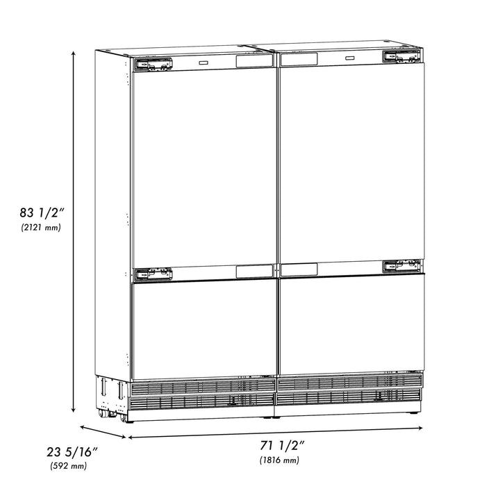 ZLINE Autograph Edition 72 in. 39.6 cu. ft. Panel Ready French Door Built-In Bottom Freezer Refrigerator with Water Dispensers and Ice Makers and Polished Gold Accents (RBITZ-72-G)