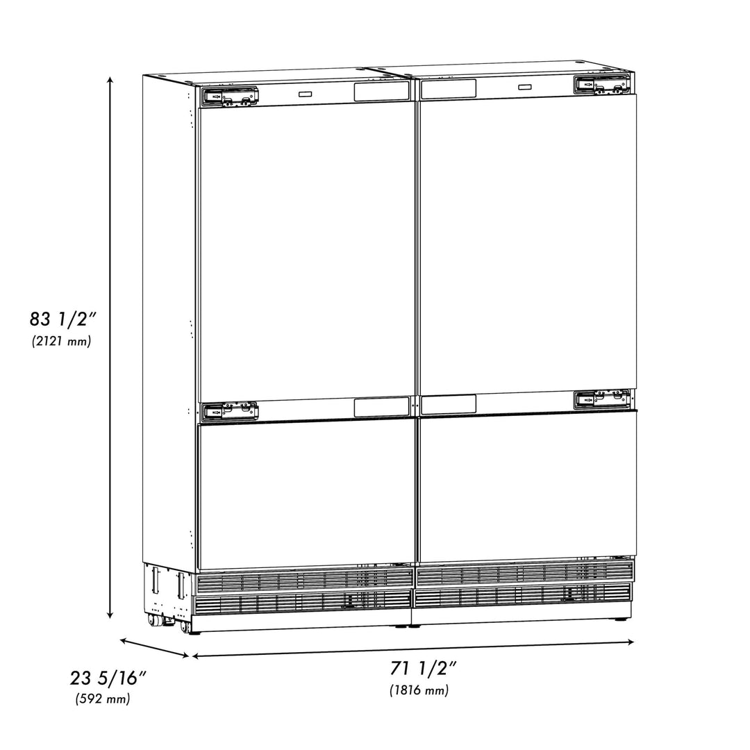 ZLINE Autograph Edition 72 in. 39.6 cu. ft. Panel Ready French Door Built-In Bottom Freezer Refrigerator with Water Dispensers and Ice Makers with Graphite Gray Interior and Polished Gold Accents (GRBITZ-72-G)