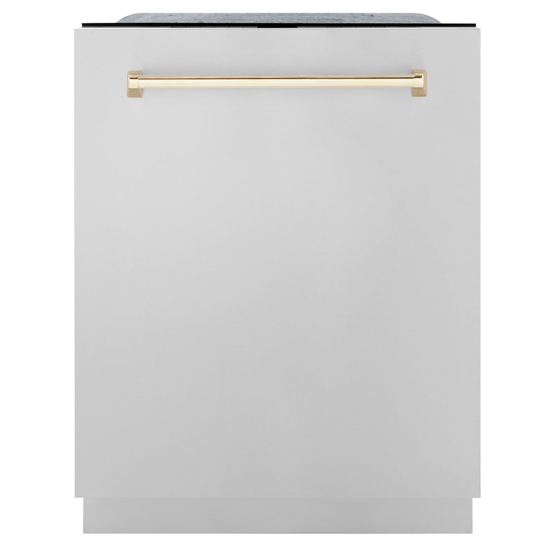 ZLINE Autograph Package - 48" Dual Fuel Range, Range Hood, Dishwasher, Refrigerator with Water & Ice Dispenser with Gold Accents