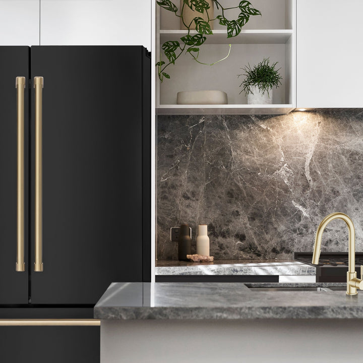 ZLINE Autograph Package - 48" Dual Fuel Range, Range Hood, Refrigerator, Dishwasher in Black Stainless, Bronze Accents