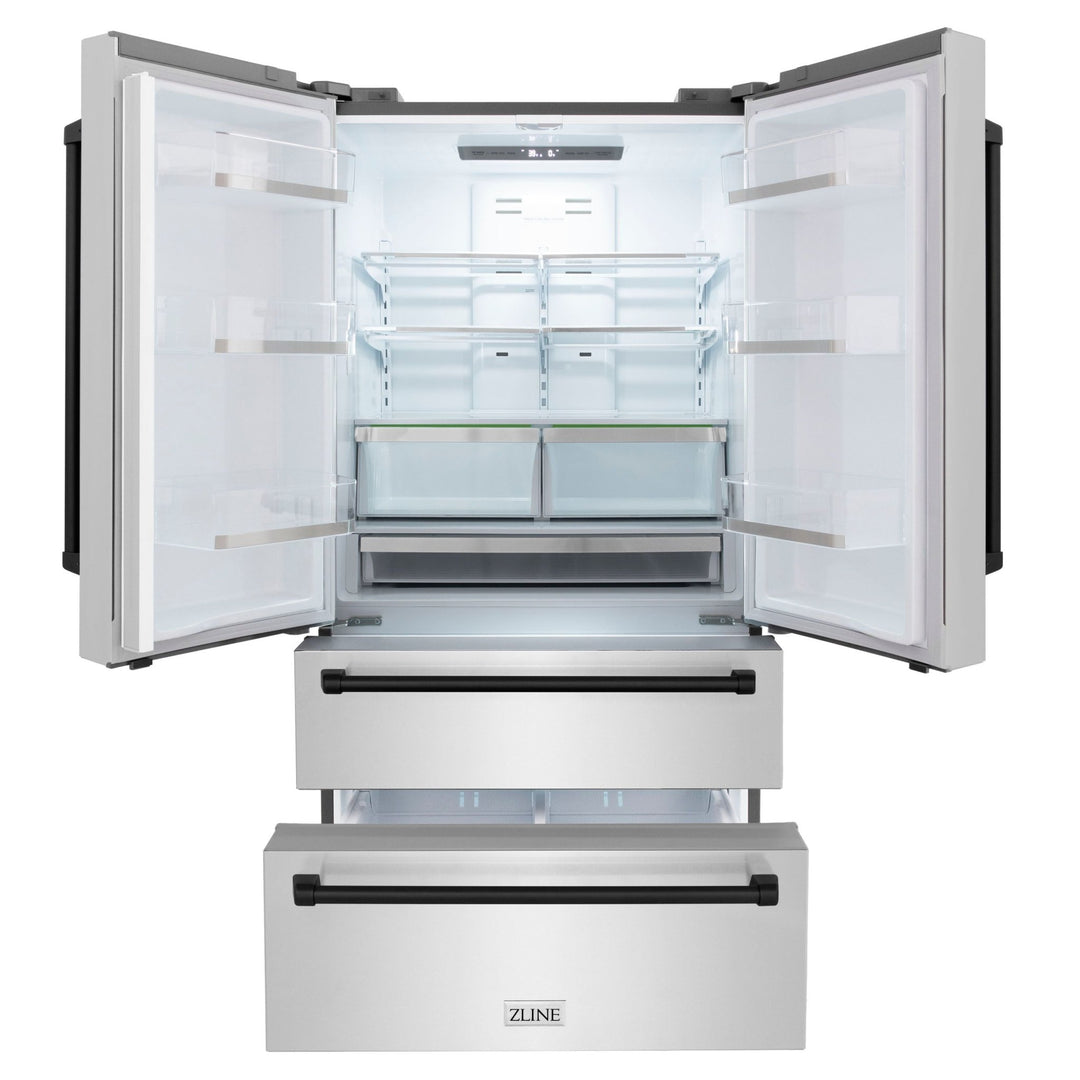 ZLINE Autograph Package - 48" Dual Fuel Range, Range Hood, Refrigerator, Dishwasher with Matte Black Accents