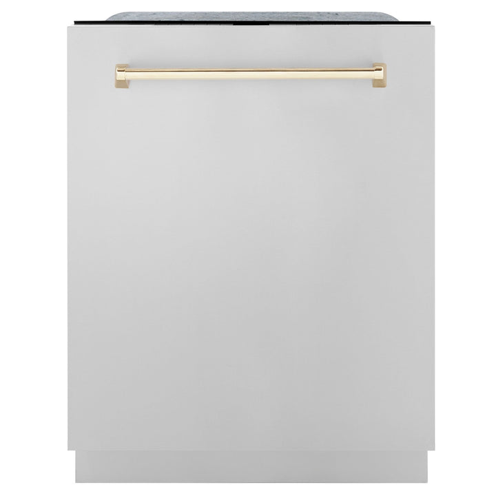 ZLINE Autograph Package - 48 In. Dual Fuel Range, Range Hood, Refrigerator, and Dishwasher in Stainless Steel with Gold Accents, 4KAPR-RARHDWM48-G