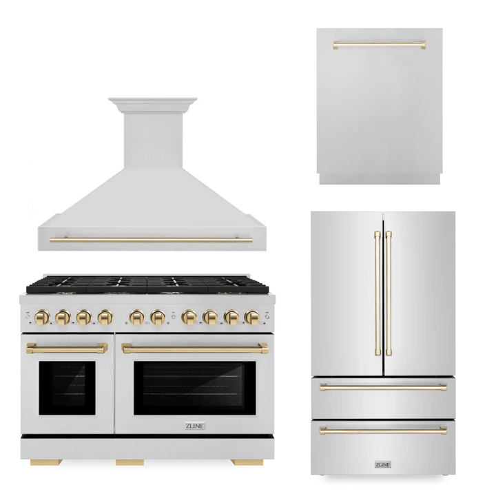 ZLINE Autograph Package - 48 in. Gas Range, Range Hood, 3 Rack Dishwasher, Refrigerator with Gold Accents - 4AKPR-RGRHDWM48-G