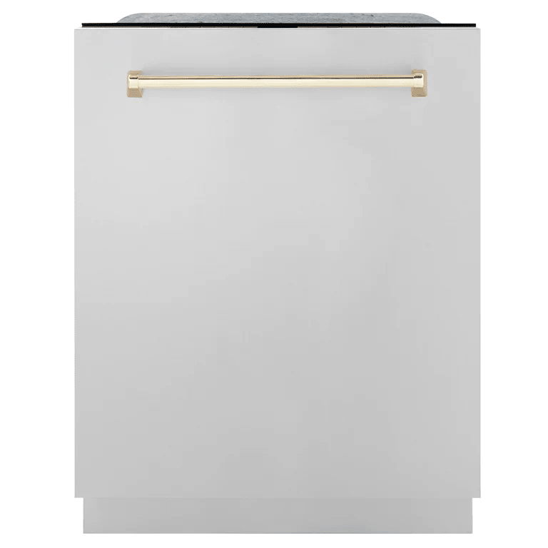 ZLINE Autograph Package - 48 in. Gas Range, Range Hood, 3 Rack Dishwasher, Refrigerator with Gold Accents - 4AKPR-RGRHDWM48-G