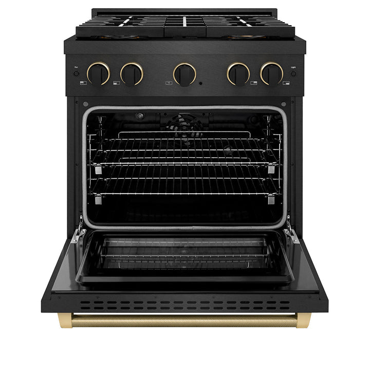 ZLINE Designer Collection 30 in. 4.2 cu. ft. Paramount Dual Fuel Range with 4 Burner DuoProâ„¢ Cooktop and Electric Convection Oven in Black Satin Stainless Steel with Matte Black and Champagne Bronze Accents (PSDRBSZ-30-MBCB)