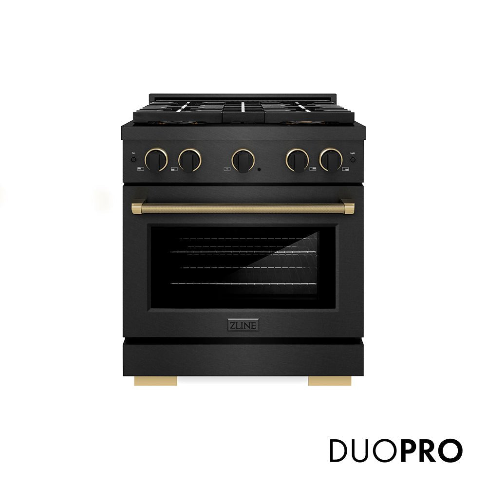 ZLINE Designer Collection 30 in. 4.2 cu. ft. Paramount Gas Range with 4 Burner DuoProâ„¢ Cooktop and Convection Gas Oven in Black Satin Stainless Steel with Matte Black and Champagne Bronze Accents (PSGRBSZ-30-MBCB)