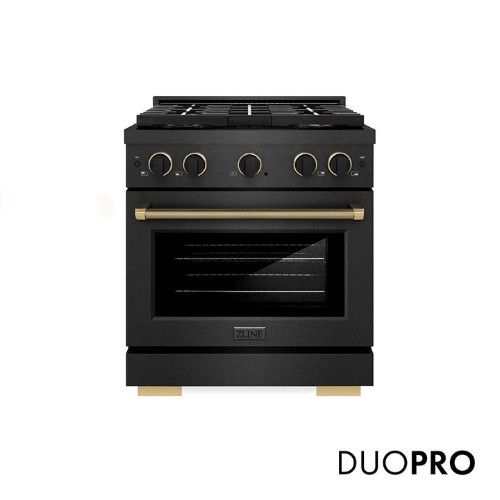 ZLINE Designer Collection 30 in. 4.2 cu. ft. Paramount Gas Range with 4 Burner DuoProâ„¢ Cooktop and Convection Gas Oven in Black Satin Stainless Steel with Matte Black and Champagne Bronze Accents (PSGRBSZ-30-MBCB)