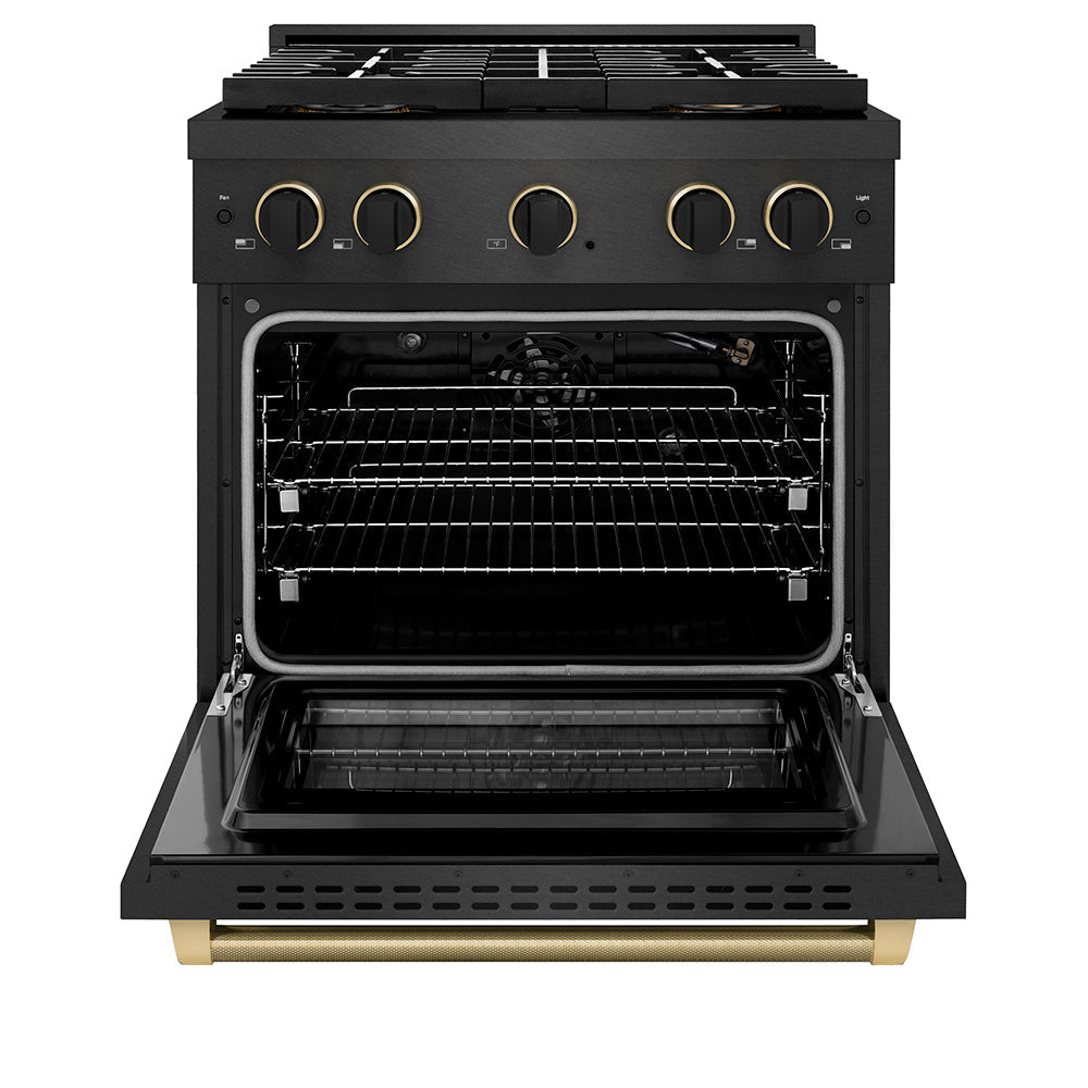 ZLINE Designer Collection 30 in. 4.2 cu. ft. Paramount Gas Range with 4 Burner DuoProâ„¢ Cooktop and Convection Gas Oven in Black Satin Stainless Steel with Matte Black and Champagne Bronze Accents (PSGRBSZ-30-MBCB)