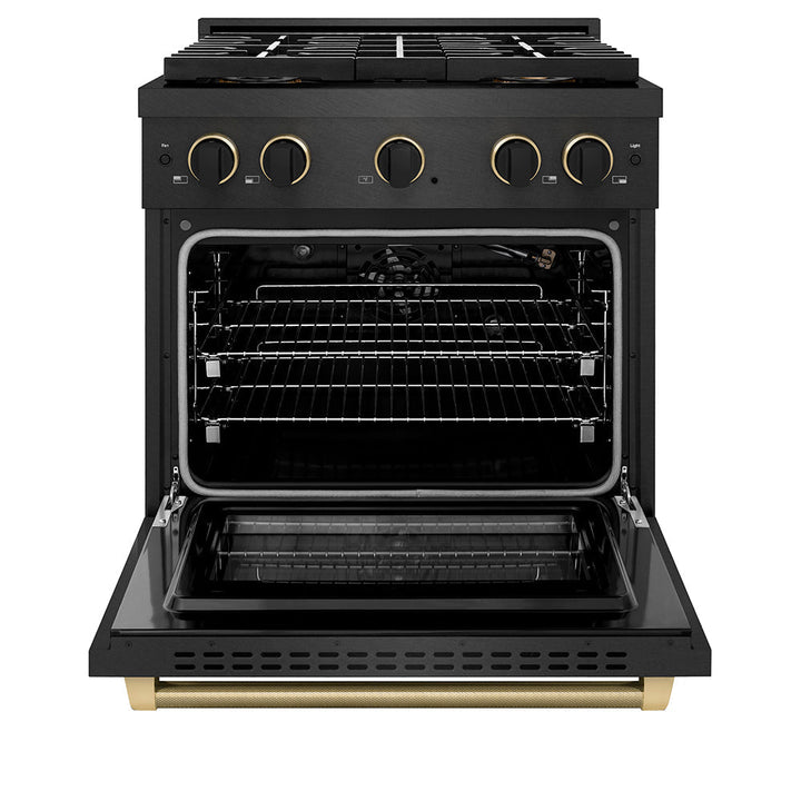 ZLINE Designer Collection 30 in. 4.2 cu. ft. Paramount Gas Range with 4 Burner DuoProâ„¢ Cooktop and Convection Gas Oven in Black Satin Stainless Steel with Matte Black and Champagne Bronze Accents (PSGRBSZ-30-MBCB)