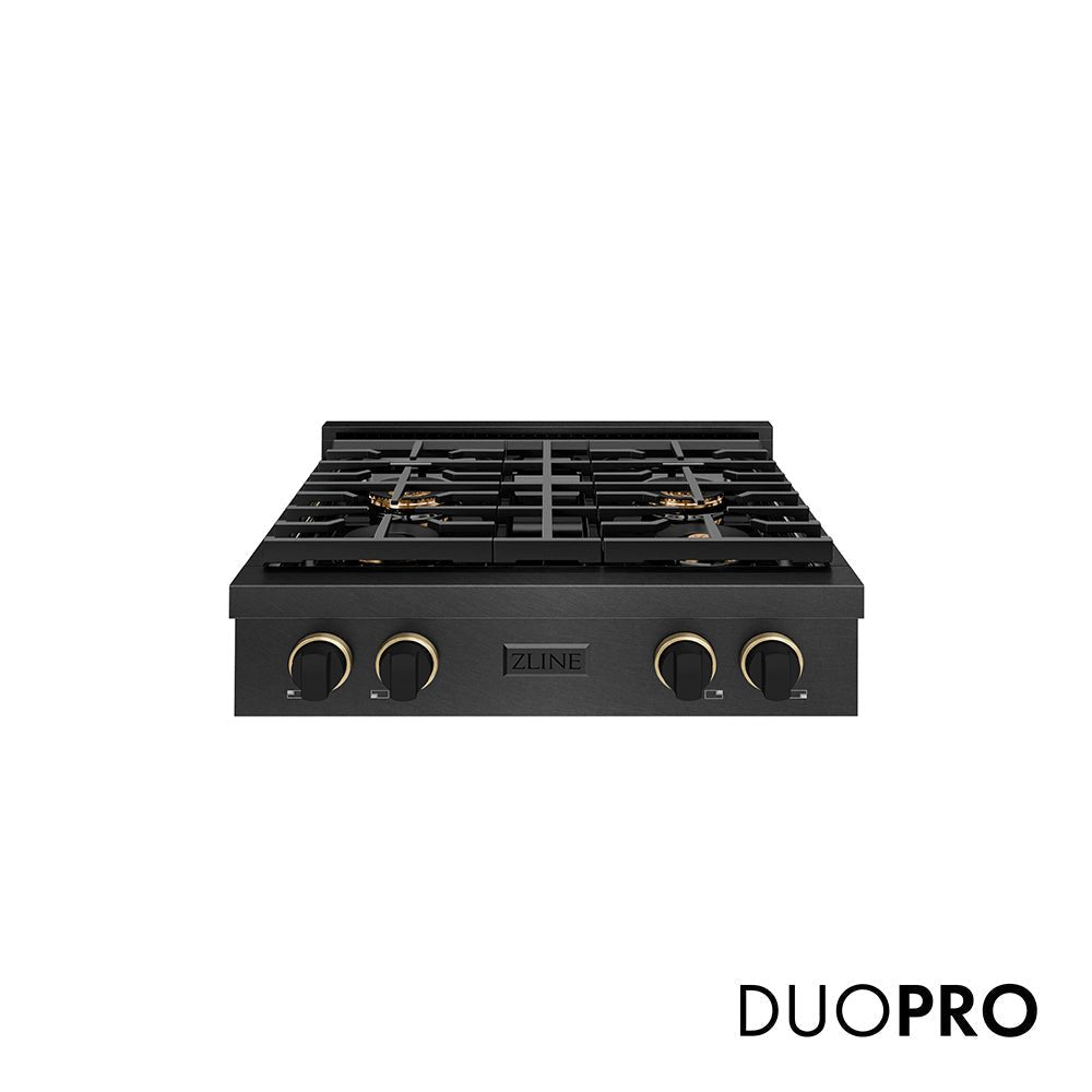 ZLINE Designer Collection 30 in. Paramount Gas Rangetop with 4 Burner DuoProâ„¢ Cooktop in Black Satin Stainless Steel with Matte Black and Champagne Bronze Accents (PSRTBSZ-30-MBCB)