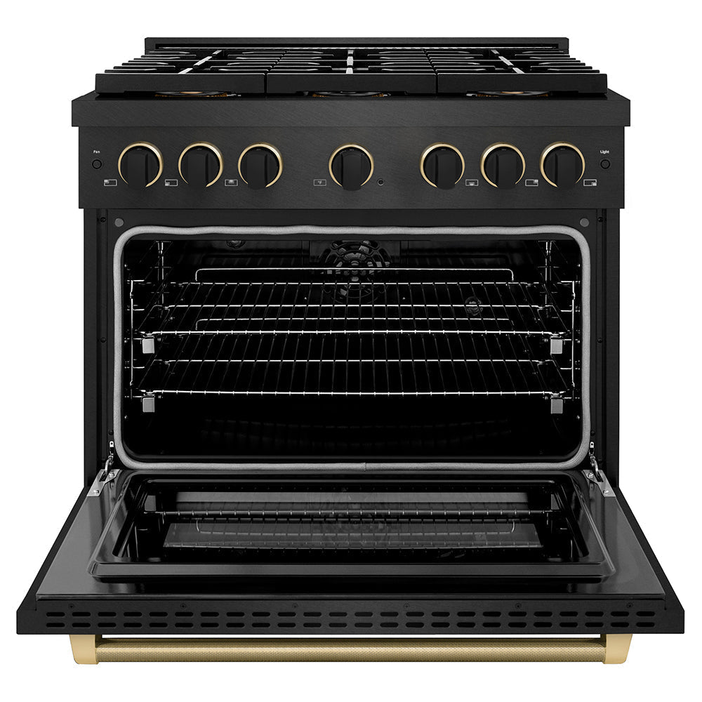 ZLINE Designer Collection 36 in. 5.2 cu. ft. Paramount Dual Fuel Range with 6 Burner DuoProâ„¢ Cooktop and Electric Convection Oven in Black Satin Stainless Steel with Matte Black and Champagne Bronze Accents (PSDRBSZ-36-MBCB)