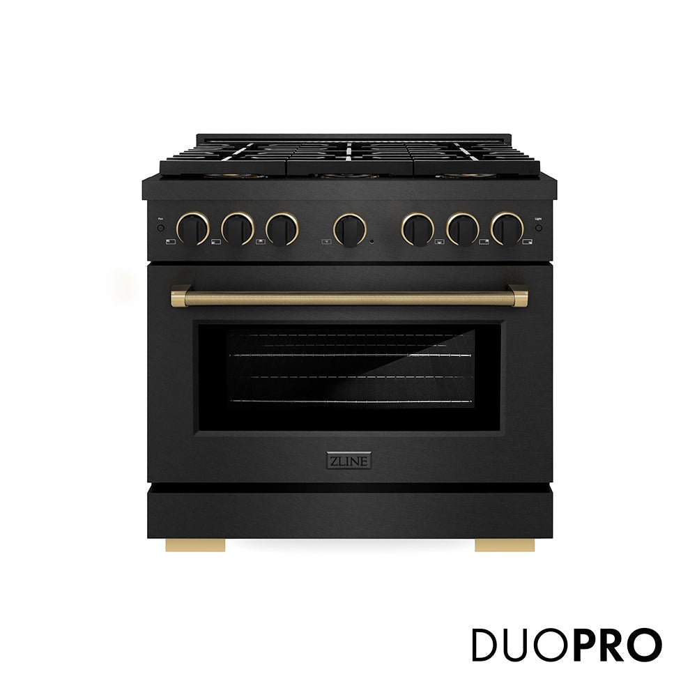 ZLINE Designer Collection 36 in. 5.2 cu. ft. Paramount Dual Fuel Range with 6 Burner DuoProâ„¢ Cooktop and Electric Convection Oven in Black Satin Stainless Steel with Matte Black and Champagne Bronze Accents (PSDRBSZ-36-MBCB)