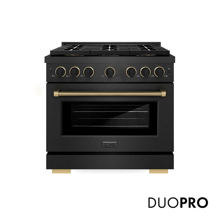 ZLINE Designer Collection 36 in. 5.2 cu. ft. Paramount Dual Fuel Range with 6 Burner DuoProâ„¢ Cooktop and Electric Convection Oven in Black Satin Stainless Steel with Matte Black and Champagne Bronze Accents (PSDRBSZ-36-MBCB)