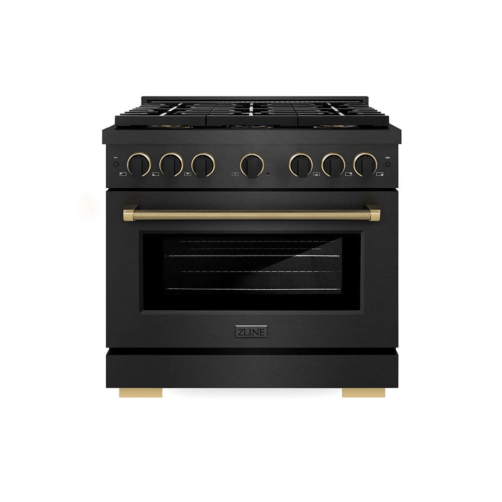 ZLINE Designer Collection 36 in. 5.2 cu. ft. Paramount Gas Range with 6 Burner DuoProâ„¢ Cooktop and Convection Gas Oven in Black Satin Stainless Steel with Matte Black and Champagne Bronze Accents (PSGRBSZ-36-MBCB)