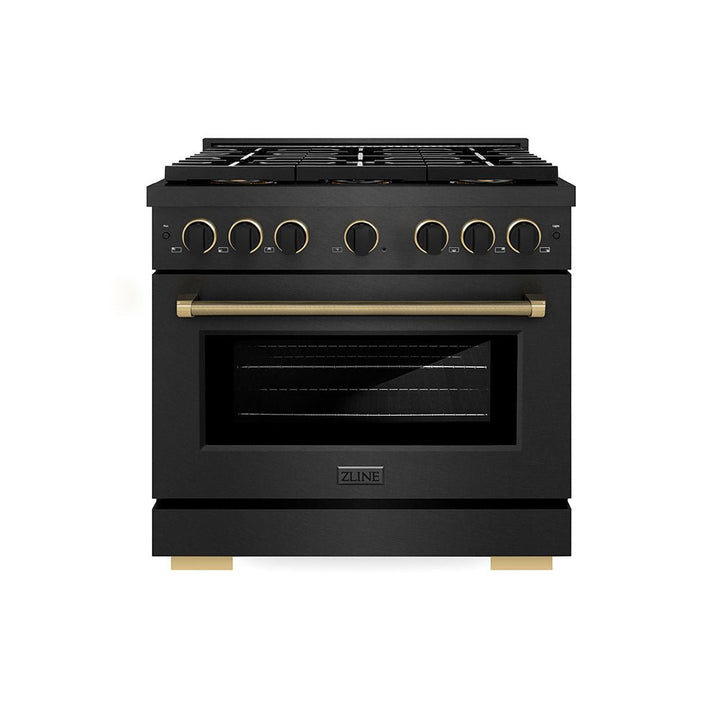 ZLINE Designer Collection 36 in. 5.2 cu. ft. Paramount Gas Range with 6 Burner DuoProâ„¢ Cooktop and Convection Gas Oven in Black Satin Stainless Steel with Matte Black and Champagne Bronze Accents (PSGRBSZ-36-MBCB)