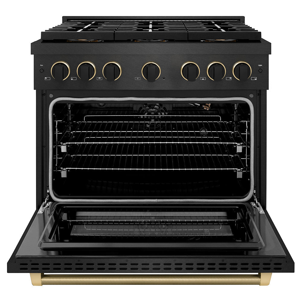 ZLINE Designer Collection 36 in. 5.2 cu. ft. Paramount Gas Range with 6 Burner DuoProâ„¢ Cooktop and Convection Gas Oven in Black Satin Stainless Steel with Matte Black and Champagne Bronze Accents (PSGRBSZ-36-MBCB)