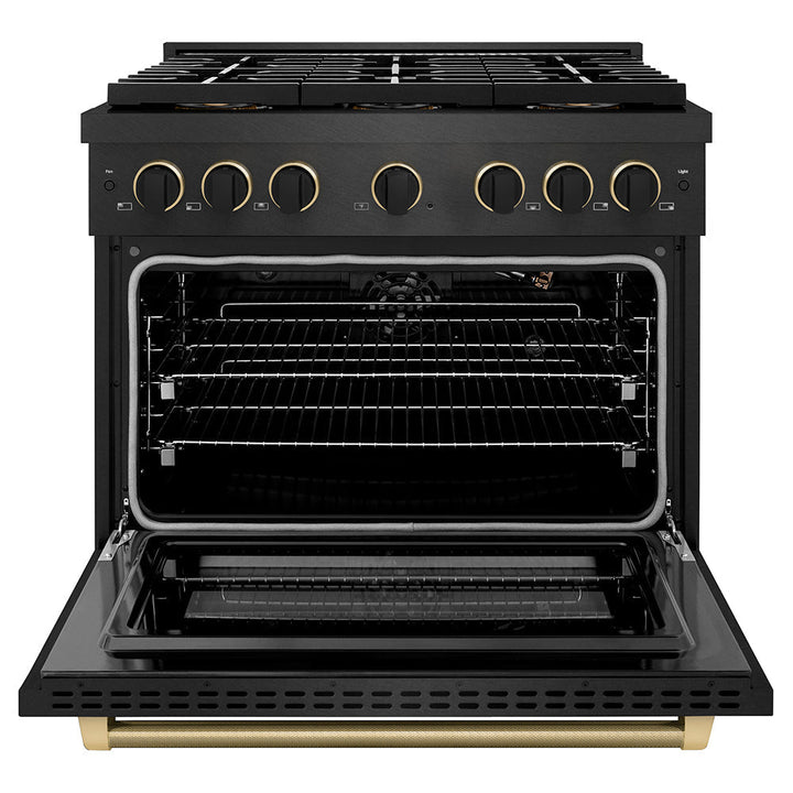 ZLINE Designer Collection 36 in. 5.2 cu. ft. Paramount Gas Range with 6 Burner DuoProâ„¢ Cooktop and Convection Gas Oven in Black Satin Stainless Steel with Matte Black and Champagne Bronze Accents (PSGRBSZ-36-MBCB)