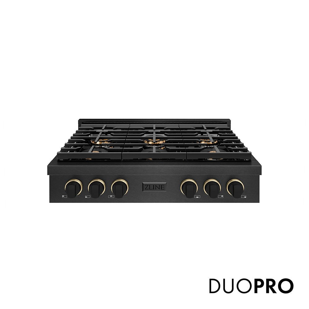 ZLINE Designer Collection 36 in. Paramount Gas Rangetop with 6 Burner DuoProâ„¢ Cooktop in Black Satin Stainless Steel with Matte Black and Champagne Bronze Accents (PSRTBSZ-36-MBCB)