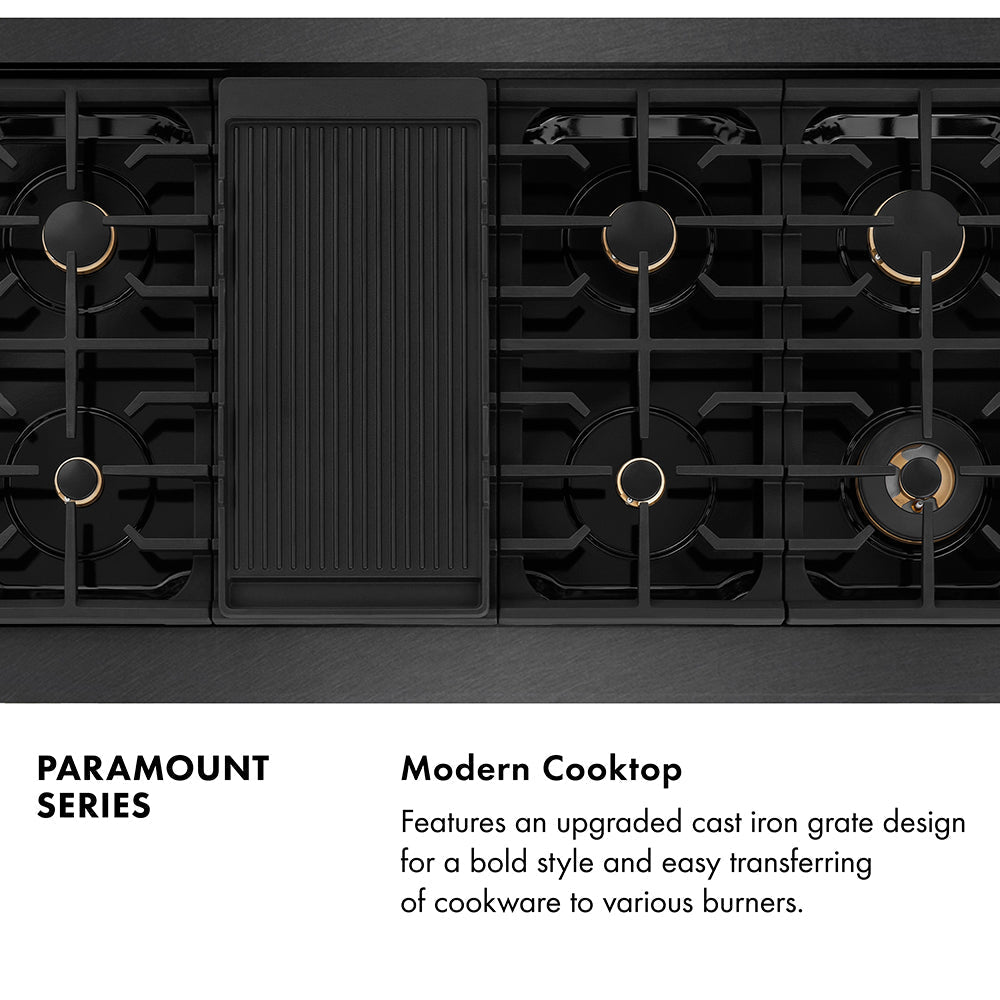 ZLINE Designer Collection 48 in. 6.7 cu. ft. Paramount Double Oven Gas Range with 8 Burner Cooktop in Black Satin Stainless Steel with Matte Black and Champagne Bronze Accents (SGRBSZ-48-MBCB)