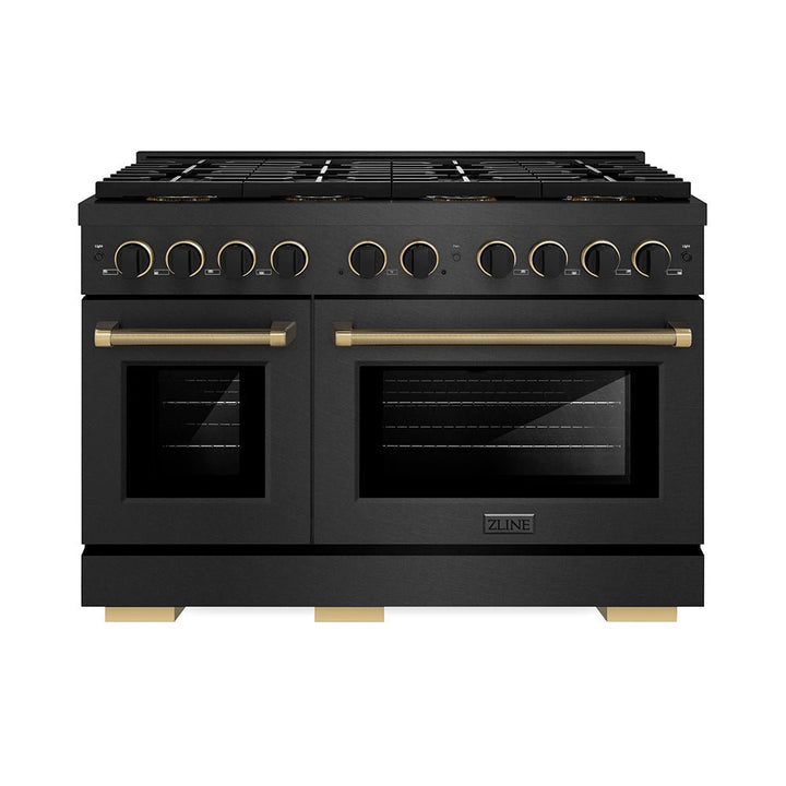 ZLINE Designer Collection 48 in. 6.7 cu. ft. Paramount Dual Fuel Range with 8 Burner DuoProâ„¢ Cooktop and Dual Ovens in Black Satin Stainless Steel with Matte Black and Champagne Bronze Accents (PSDRBSZ-48-MBCB)