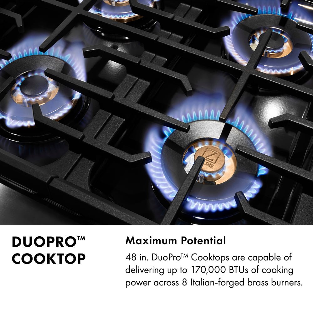 ZLINE Designer Collection 48 in. 6.7 cu. ft. Paramount Dual Fuel Range with 8 Burner DuoProâ„¢ Cooktop and Dual Ovens in Black Satin Stainless Steel with Matte Black and Champagne Bronze Accents (PSDRBSZ-48-MBCB)