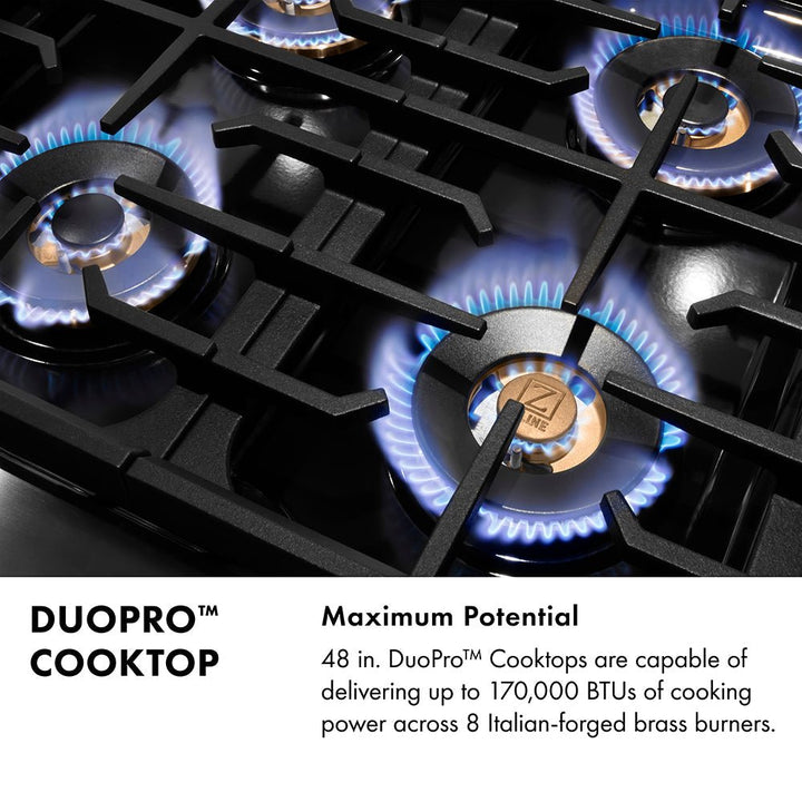 ZLINE Designer Collection 48 in. 6.7 cu. ft. Paramount Dual Fuel Range with 8 Burner DuoProâ„¢ Cooktop and Dual Ovens in Black Satin Stainless Steel with Matte Black and Champagne Bronze Accents (PSDRBSZ-48-MBCB)