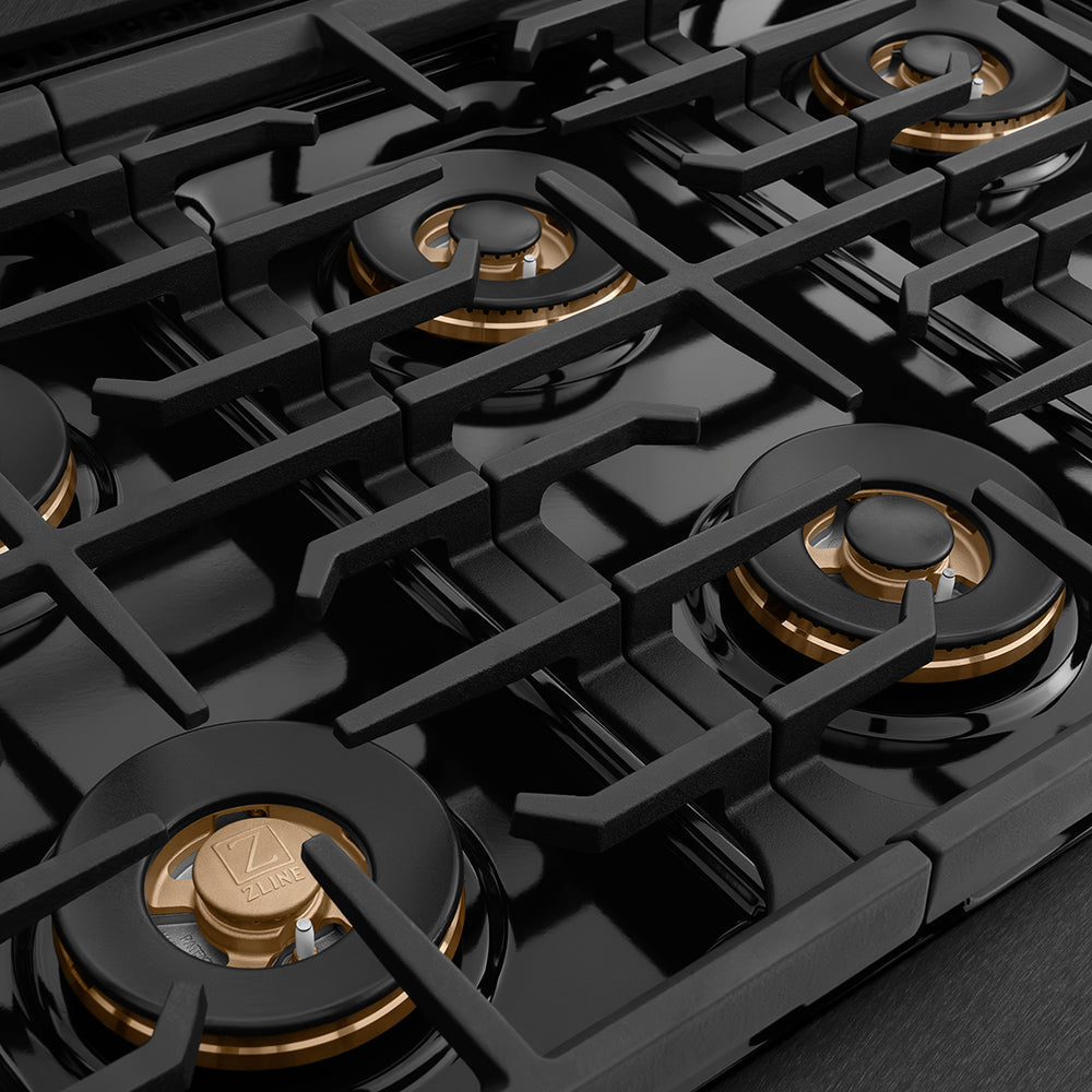 ZLINE Designer Collection 48 in. 6.7 cu. ft. Paramount Dual Fuel Range with 8 Burner DuoProâ„¢ Cooktop and Dual Ovens in Black Satin Stainless Steel with Matte Black and Champagne Bronze Accents (PSDRBSZ-48-MBCB)