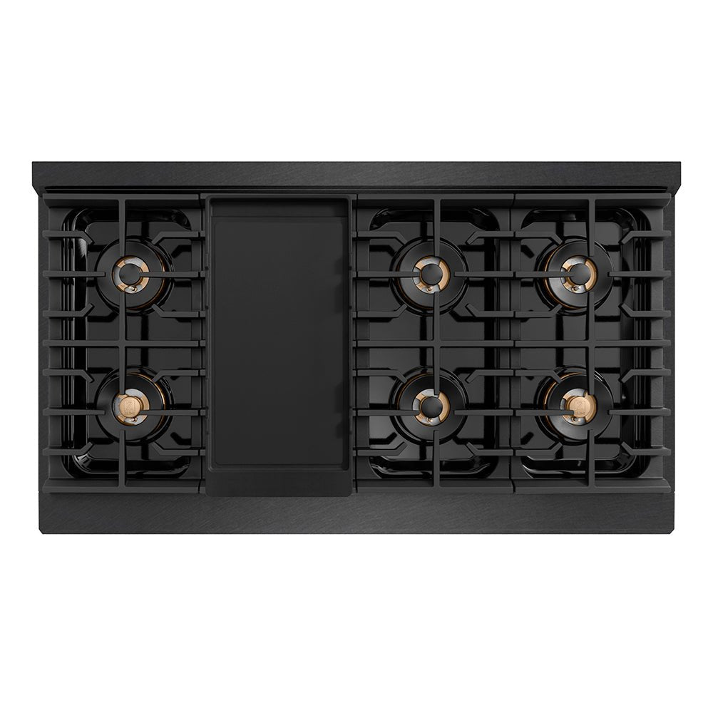 ZLINE Designer Collection 48 in. 6.7 cu. ft. Paramount Dual Fuel Range with 8 Burner DuoProâ„¢ Cooktop and Dual Ovens in Black Satin Stainless Steel with Matte Black and Champagne Bronze Accents (PSDRBSZ-48-MBCB)