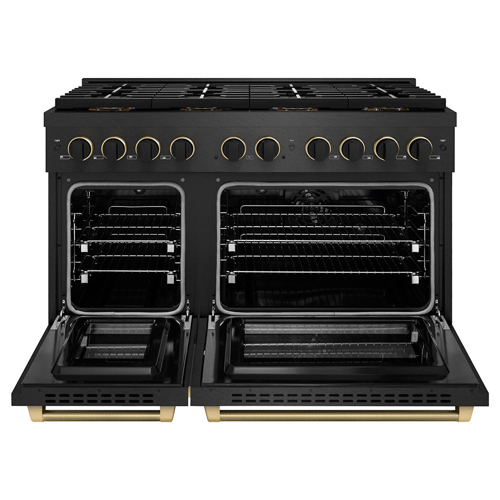 ZLINE Designer Collection 48 in. 6.7 cu. ft. Paramount Dual Fuel Range with 8 Burner DuoProâ„¢ Cooktop and Dual Ovens in Black Satin Stainless Steel with Matte Black and Champagne Bronze Accents (PSDRBSZ-48-MBCB)