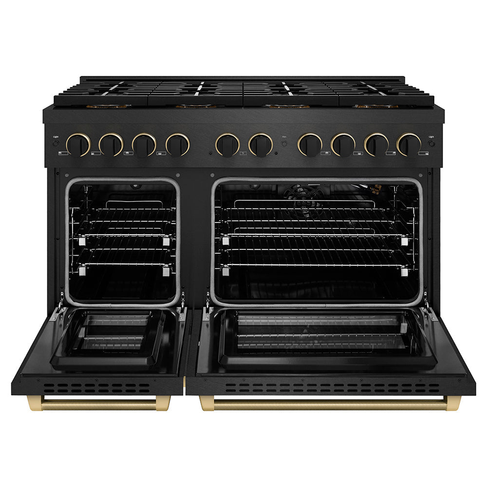 ZLINE Designer Collection 48 in. 6.7 cu. ft. Paramount Gas Range with 8 Burner DuoProâ„¢ Cooktop and Dual Ovens in Black Satin Stainless Steel with Matte Black and Champagne Bronze Accents (PSGRBSZ-48-MBCB)