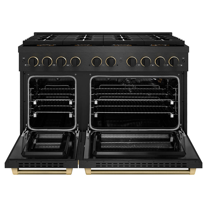 ZLINE Designer Collection 48 in. 6.7 cu. ft. Paramount Gas Range with 8 Burner DuoProâ„¢ Cooktop and Dual Ovens in Black Satin Stainless Steel with Matte Black and Champagne Bronze Accents (PSGRBSZ-48-MBCB)