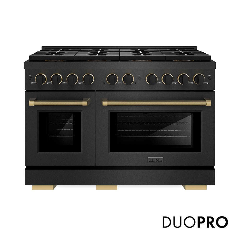 ZLINE Designer Collection 48 in. 6.7 cu. ft. Paramount Gas Range with 8 Burner DuoProâ„¢ Cooktop and Dual Ovens in Black Satin Stainless Steel with Matte Black and Champagne Bronze Accents (PSGRBSZ-48-MBCB)