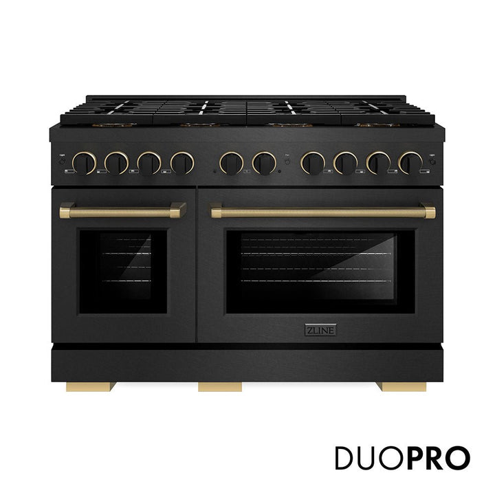 ZLINE Designer Collection 48 in. 6.7 cu. ft. Paramount Gas Range with 8 Burner DuoProâ„¢ Cooktop and Dual Ovens in Black Satin Stainless Steel with Matte Black and Champagne Bronze Accents (PSGRBSZ-48-MBCB)