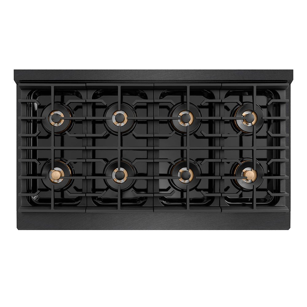 ZLINE Designer Collection 48 in. 6.7 cu. ft. Paramount Gas Range with 8 Burner DuoProâ„¢ Cooktop and Dual Ovens in Black Satin Stainless Steel with Matte Black and Champagne Bronze Accents (PSGRBSZ-48-MBCB)