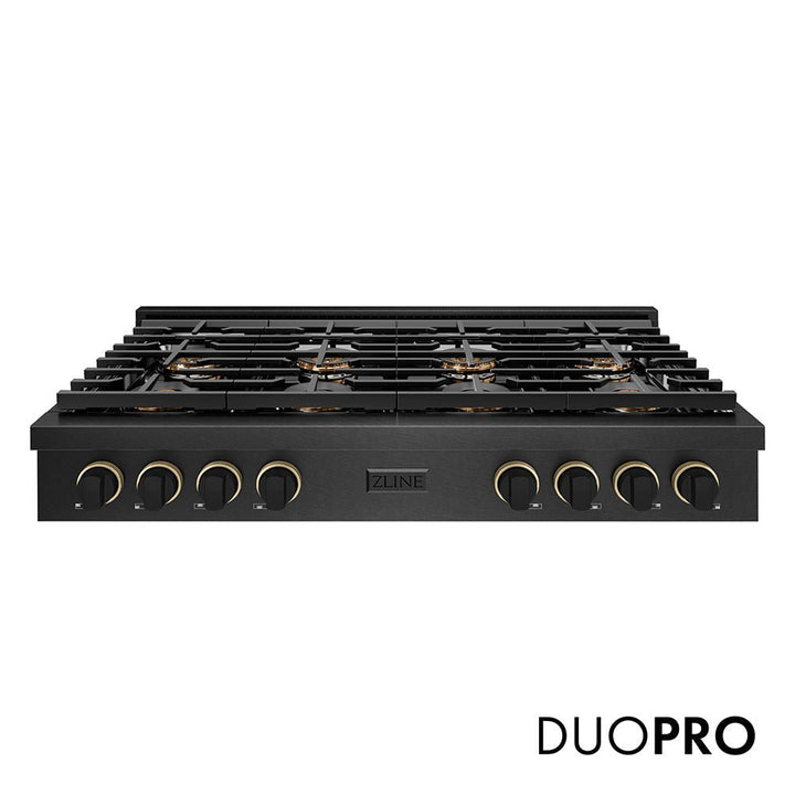ZLINE Designer Collection 48 in. Paramount Gas Rangetop with 8 Burner DuoProâ„¢ Cooktop in Black Satin Stainless Steel with Matte Black and Champagne Bronze Accents (PSRTBSZ-48-MBCB)