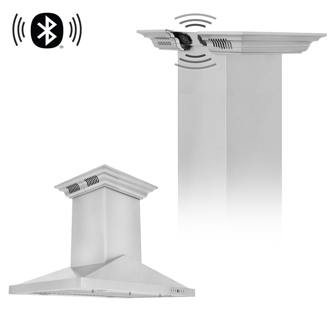 36 in. ZLINE CrownSoundâ„¢Ducted Vent Island Mount Range Hood in Stainless Steel with Built-in Bluetooth Speakers (GL1iCRN-BT-36)