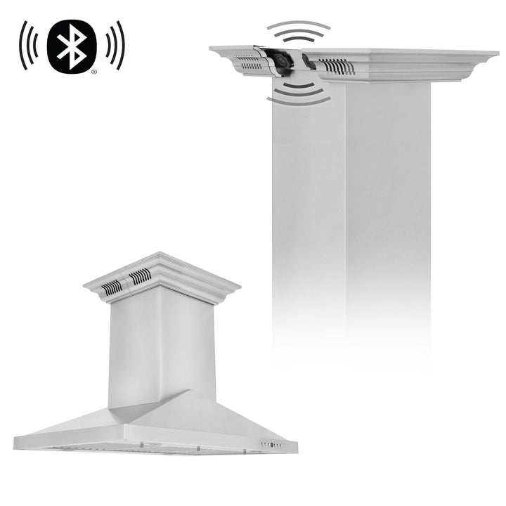 36 in. ZLINE CrownSoundâ„¢Ducted Vent Island Mount Range Hood in Stainless Steel with Built-in Bluetooth Speakers (GL1iCRN-BT-36)