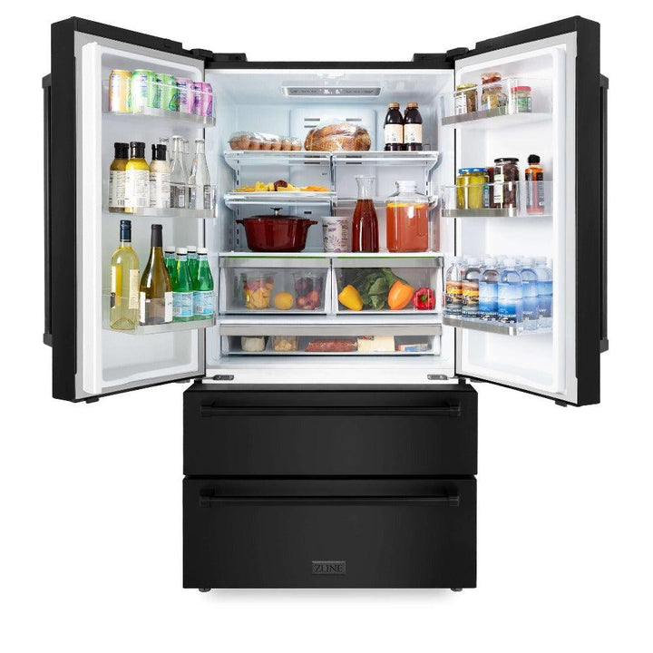 ZLINE Kitchen Package with Black Stainless Steel Refrigerator, 36 in. Dual Fuel Range, Range Hood, and Microwave Drawer (4KPR-RABRH36-MW)