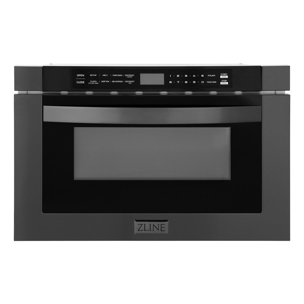 ZLINE Kitchen Package with Black Stainless Steel Refrigerator, 36 in. Dual Fuel Range, Range Hood, and Microwave Drawer (4KPR-RABRH36-MW)