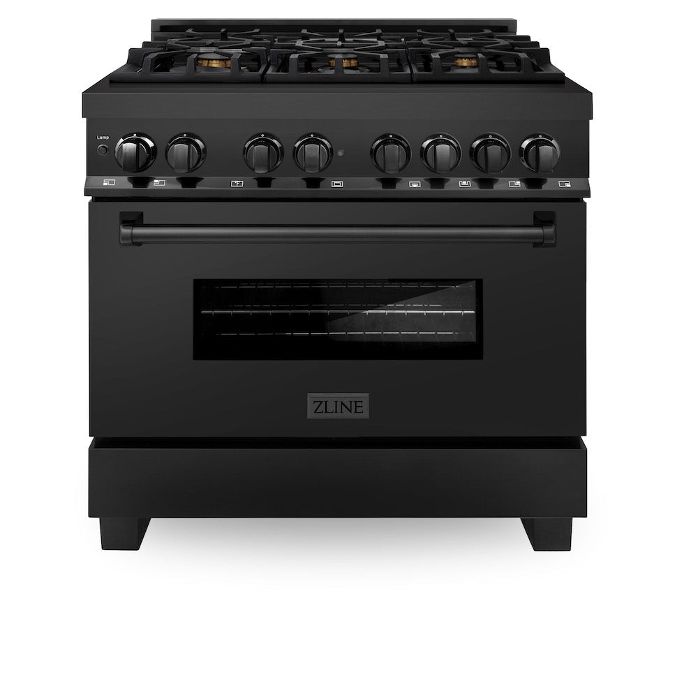 ZLINE Kitchen Package with Black Stainless Steel Refrigerator, 36 in. Dual Fuel Range, Range Hood, and Microwave Drawer (4KPR-RABRH36-MW)