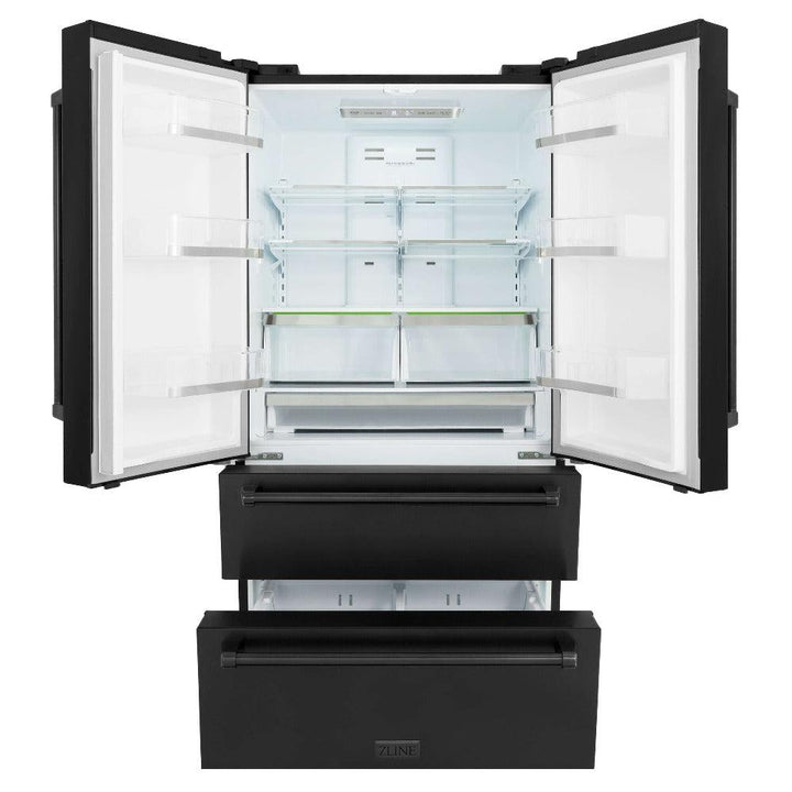 ZLINE Kitchen Package with Black Stainless Steel Refrigerator, 36 in. Dual Fuel Range, Range Hood, and Microwave Drawer (4KPR-RABRH36-MW)