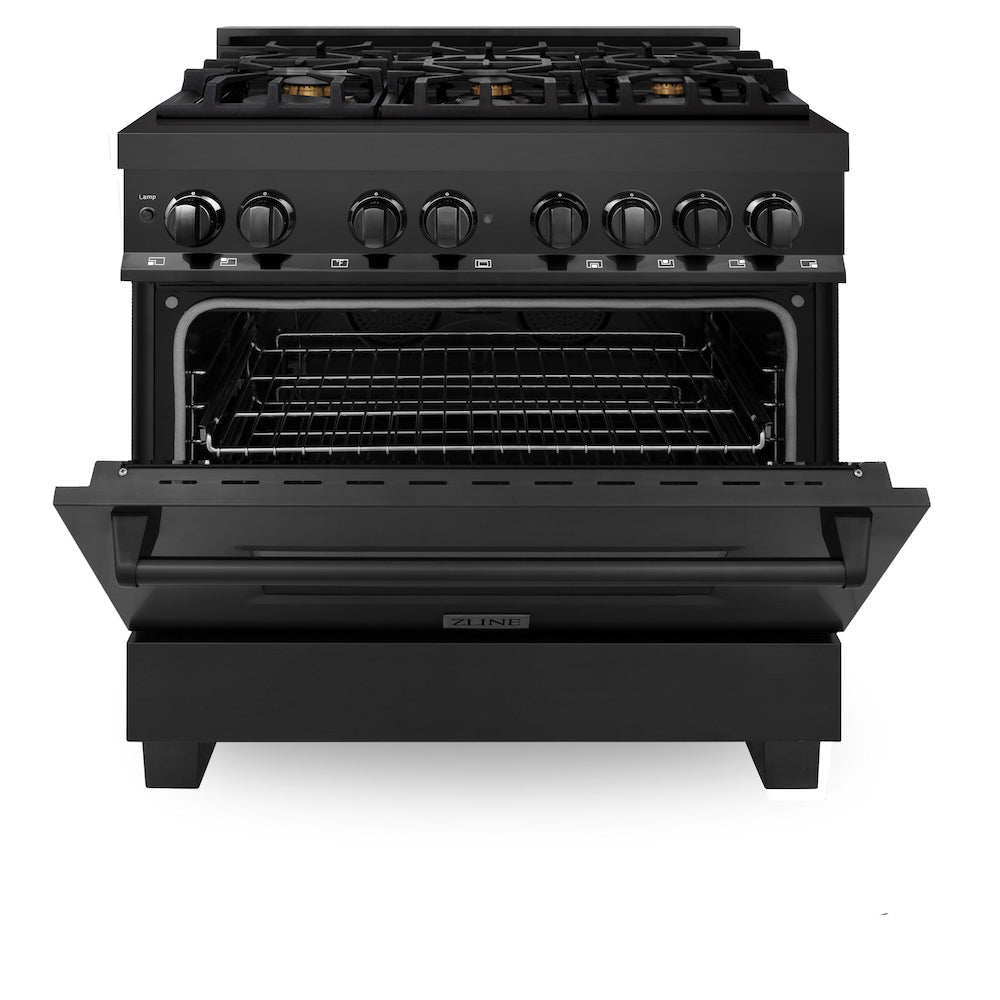 ZLINE Kitchen Package with Black Stainless Steel Refrigerator, 36 in. Dual Fuel Range, Range Hood, and Microwave Drawer (4KPR-RABRH36-MW)