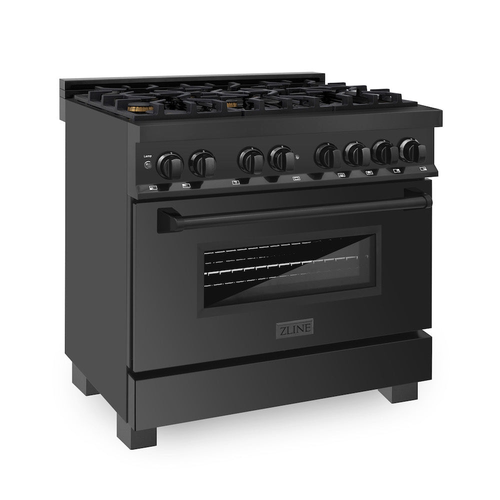 ZLINE Kitchen Package with Black Stainless Steel Refrigerator, 36 in. Dual Fuel Range, Range Hood, and Microwave Drawer (4KPR-RABRH36-MW)
