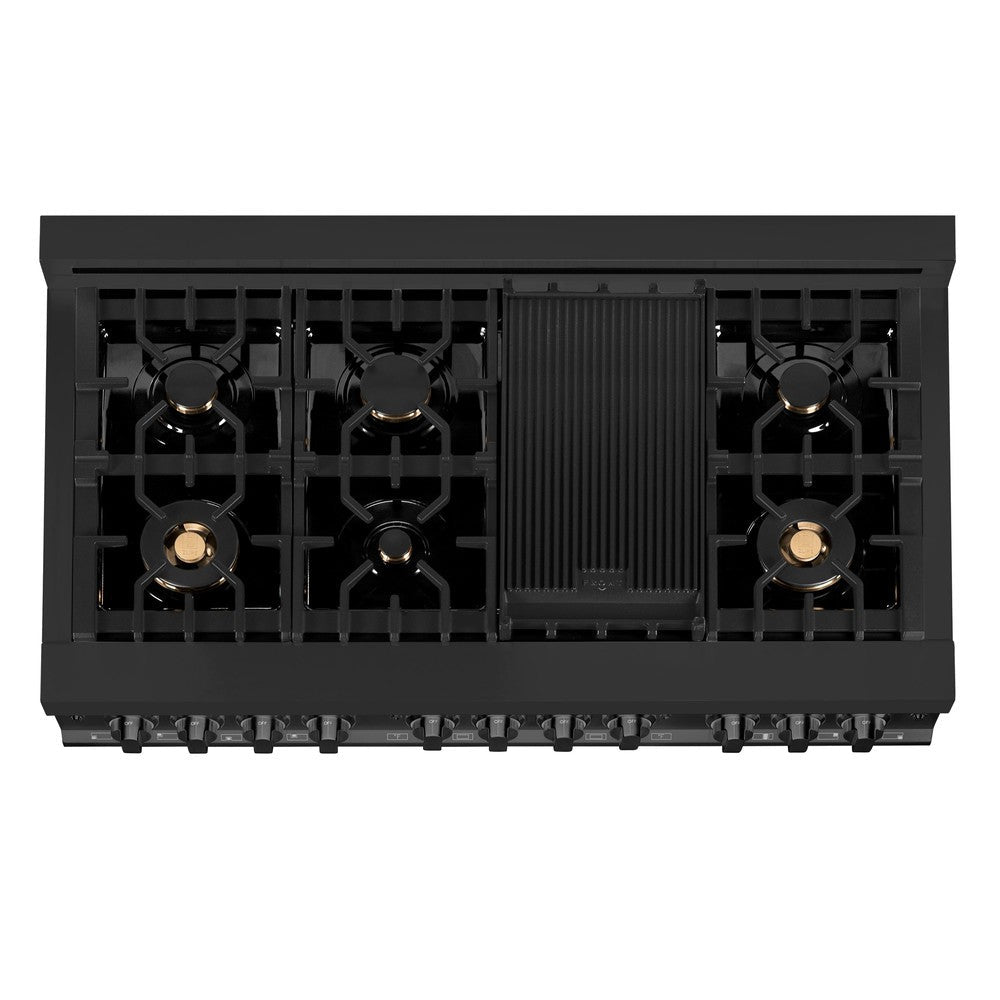 ZLINE Kitchen Package with Black Stainless Steel Refrigerator, 48 in. Dual Fuel Range, Range Hood, and Microwave Drawer (4KPR-RABRH48-MW)