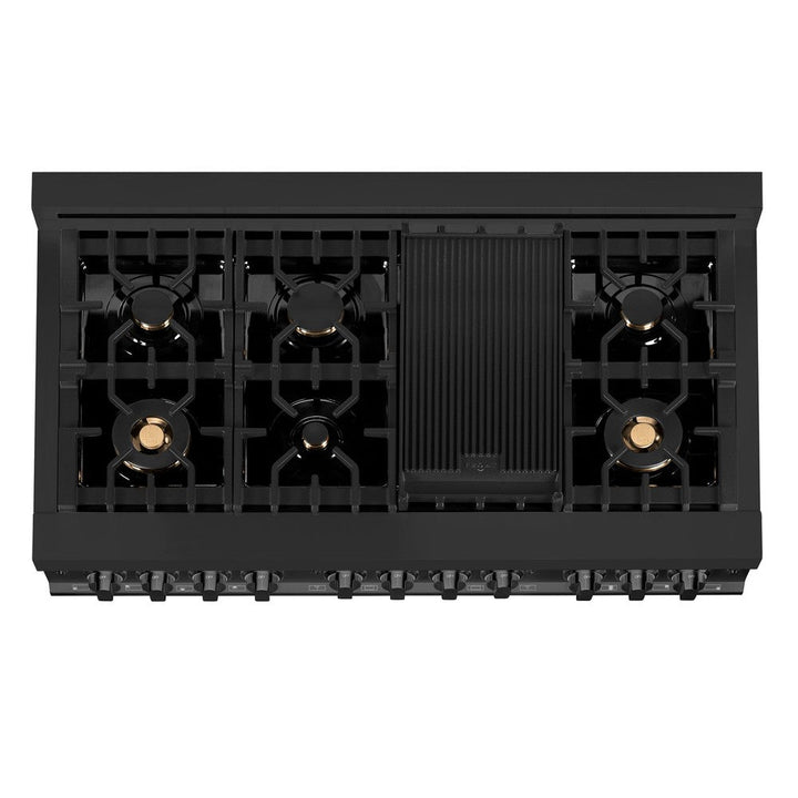 ZLINE Kitchen Package with Black Stainless Steel Refrigerator, 48 in. Dual Fuel Range, Range Hood, and Microwave Drawer (4KPR-RABRH48-MW)