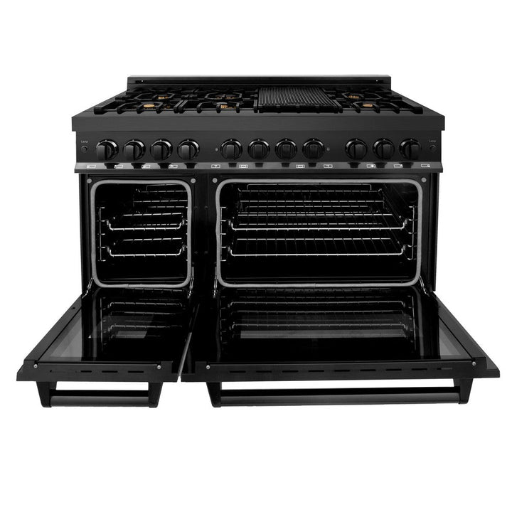 ZLINE Kitchen Package with Black Stainless Steel Refrigerator, 48 in. Dual Fuel Range, Range Hood, and Microwave Drawer (4KPR-RABRH48-MW)
