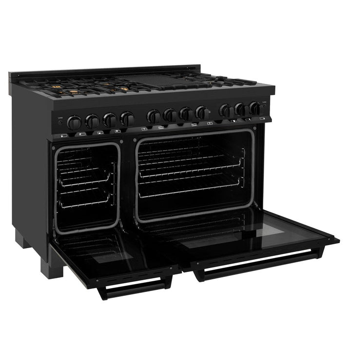 ZLINE Kitchen Package with Black Stainless Steel Refrigerator, 48 in. Dual Fuel Range, Range Hood, and Microwave Drawer (4KPR-RABRH48-MW)